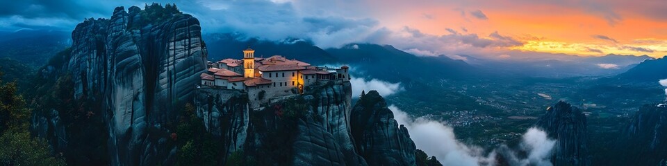 Fototapete - Aerial panorama of the monastery glowing under golden hour light, with vibrant clouds and the lush valley creating cinematic depth, in 4K resolution