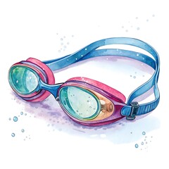 colorful swimming goggles watercolor illustration-watercolor illustration of vibrant swimming goggles with blue and pink straps, surrounded by water droplets, perfect for sports and recreation themes.