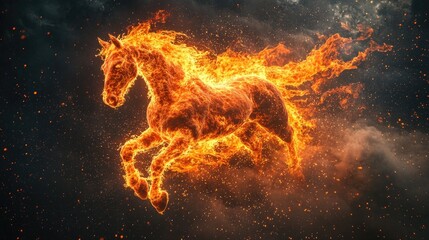 Wall Mural - fiery horse galloping through dark starry night sky. 2026 year red fiery horse according calendar