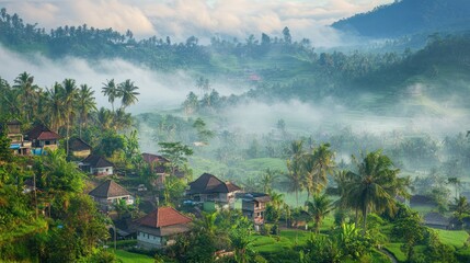 Wall Mural - Misty Mountain Village: Breathtaking Sunrise in Bali