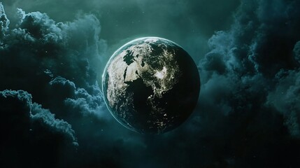 dark planet shrouded in ominous clouds, cosmic scene.