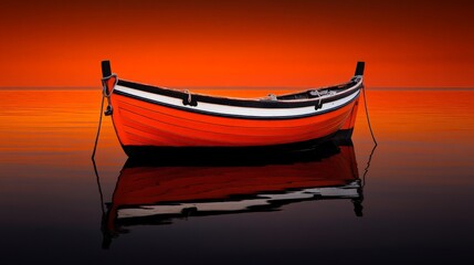 Wall Mural - Solitude at Sunset: A solitary red boat rests on tranquil waters, the setting sun casting a fiery glow across the horizon. The image evokes a sense of peace, reflection, and the beauty of nature.