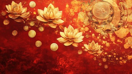 Sticker - Elegant abstract prosperity symbols like wealth ingots, coins, and lotus flowers in glowing gold over a red canvas.