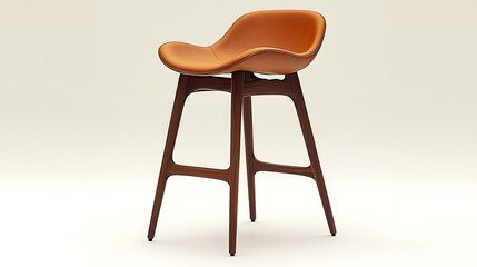 Modern brown leather bar stool with dark wood legs, isolated on white background.