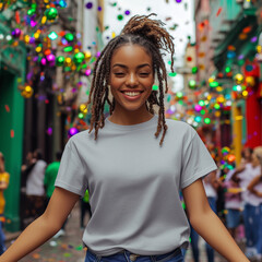 Wall Mural - Young black girl in casual shirt walks down city street decorated Mardi Gras celebrations. Basic gray t-shirt mock up. Women's short sleeve tshirt mockup, paradeб festival outdoors holiday background