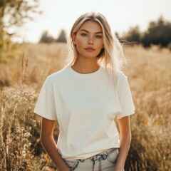 Blond hair young woman in white t-shirt mock up, summer nature landscape background. Crewneck basic tshirt mockup. Female model in casual short sleeve tee, holiday, travel, vacation lifestyle outfit