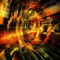 Fototapete - A conceptual stock market design showing fluctuating graphs, futuristic trading indicators, and currency symbols in motion.