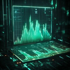 Leinwandbilder - A glowing futuristic screen displaying a D stock market graph with rising green candlesticks and financial indicators in a dark background.