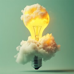 Leinwandbilder - A yellow lightbulb rocket launching from the ground, with flames and smoke, on a light green background symbolizing inspiration, knowledge, and entrepreneurship.
