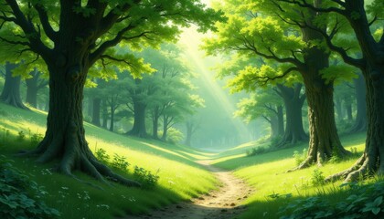 Wall Mural - Sunlit path through green forest, large trees, grass