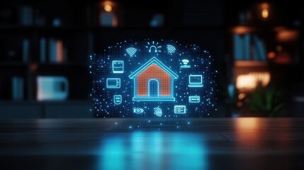 Leinwandbilder - A digital representation of a house surrounded by various smart home icons, symbolizing modern technology and home automation in a cozy environment.