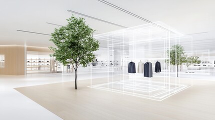 Aufkleber - A modern retail space featuring a minimalist design with clothing on display, surrounded by greenery and bright, open areas.