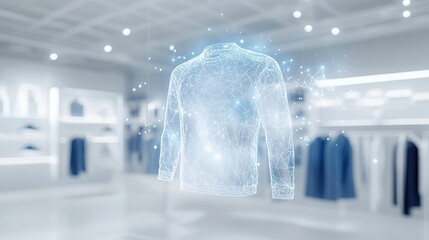Aufkleber - A futuristic hologram of a shirt hovers in a modern retail space, surrounded by clothing displays and a bright, minimalist design.