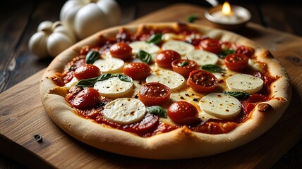 Wall Mural - Delicious pizza with mozzarella on a board