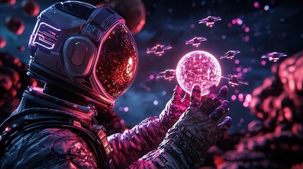 Aufkleber - An astronaut holds a glowing, pink orb in a vibrant, cosmic environment filled with floating particles and celestial bodies.