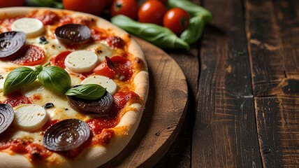 Wall Mural - Delicious pizza with mozzarella on a board