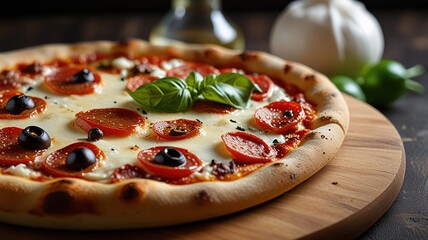 Delicious pizza with mozzarella on a board