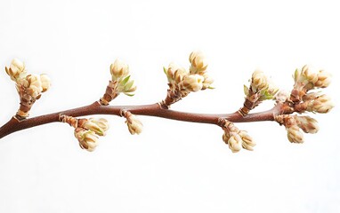 Close-up of a tree branch with unopened buds against a white background.