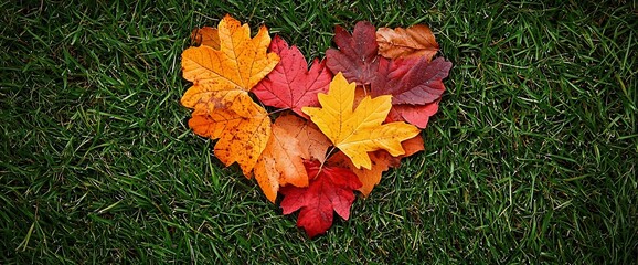 Poster - Autumn leaves arranged in a heart shape on green grass.