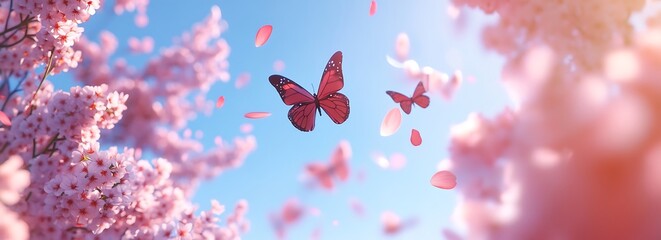 Wall Mural - A beautiful pastel pink floral spring background with cherry blossoms and butterflies