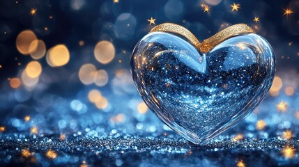 Wall Mural - glass heart ornament with golden stars and ribbon on sparkling blue background