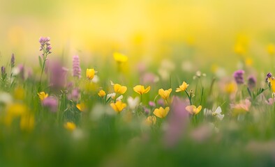 Wall Mural - A beautiful blurred spring background with green grass and wildflowers