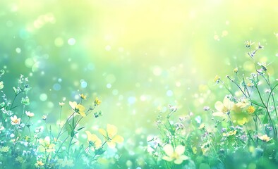 Wall Mural - A beautiful blurred spring background with green grass and wildflowers