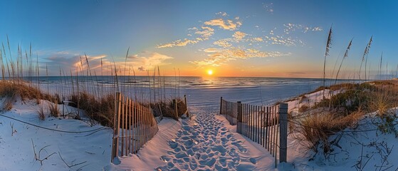 Wall Mural - serene sunrise over pensacola beach, florida with soft pink and orange sky reflecting on calm ocean 