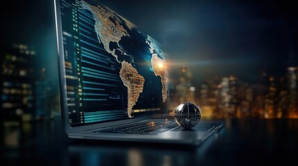 Fototapete - Laptop Displaying Global Connectivity with Digital Map and Globe Representing Technology, Data, and Networking in a Modern City Nightscape