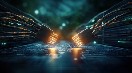Aufkleber - Futuristic Digital Connection with Glowing Cables Merging Over a Circuit Board in a High-Tech Environment, Representing Innovation and Technology Advancement