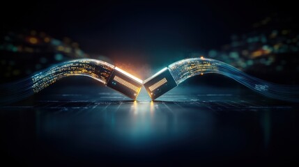 Poster - High-Tech Data Transfer Concept with Fiber Optic Cables Illuminated by Dynamic Light Effects Against a Dark Background