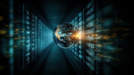 Poster - Surreal digital landscape featuring a glowing globe surrounded by streams of binary code, representing data, technology, and global connectivity in a futuristic setting.