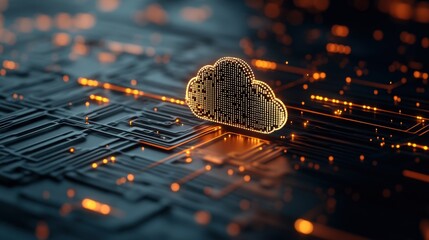 Fototapete - Futuristic Cloud Computing Concept with Digital Network Background Featuring Glowing Data Points and Circuit Patterns in a Technological Landscape