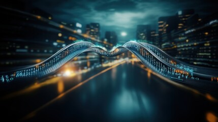 Poster - Abstract digital wave representation over a city skyline, showcasing vibrant binary codes, illuminated architecture, and a moody nighttime atmosphere with reflections on water.
