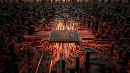 Fototapete - Intricate Circuit Board Design with Glowing Pathways and a Central Processor in a Futuristic Technology Landscape at Sunset