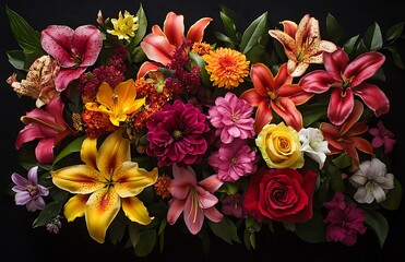 Sticker - A dark floral arrangement of various colorful spring flowers