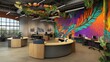© Designs to Display - A contemporary open-plan office with a vibrant mural wall, circular desks, and centralized coffee stations