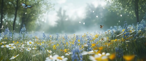 Canvas Print - A field of wildflowers, daisies and bluebells with butterflies in the spring background