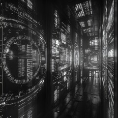 Wall Mural - monochrome digital corridor with glowing interfaces and data streams.