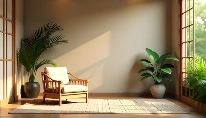 Aufkleber - A 3D rendering of a wooden armchair and a Japanese-style partition in a tropical interior room creates a calm and welcoming atmosphere in this stock photo