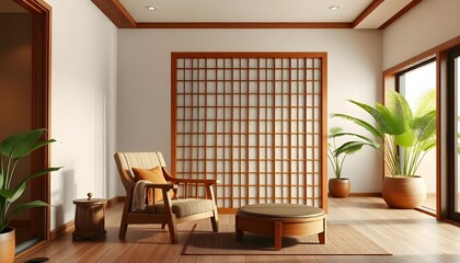 Aufkleber - A 3D rendering of a wooden armchair and a Japanese-style partition in a tropical interior room creates a calm and welcoming atmosphere in this stock photo