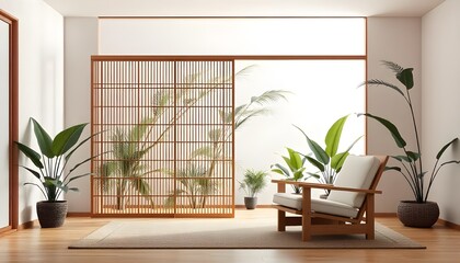 Aufkleber - A 3D rendering of a wooden armchair and a Japanese-style partition in a tropical interior room creates a calm and welcoming atmosphere in this stock photo