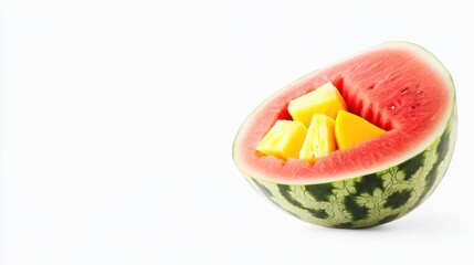 Wall Mural - A watermelon cut in half, filled with yellow fruit cubes.