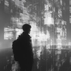 Wall Mural - silhouette of person with backpack facing digital data wall.