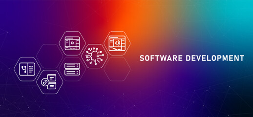 Software development service gradient header developer programming building application app and web based coding