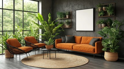 Modern living room with orange sofa, plants, and large window.