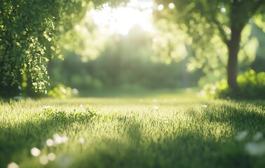 Wall Mural - Beautiful, blurred background of natural, green grass and trees, spring background