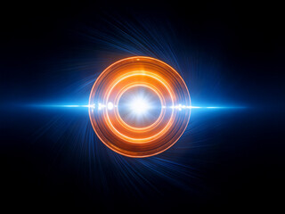Aufkleber - A glowing orange ring with concentric circles, emits a bright light, set against a dark blue background with light streaks.  The image evokes feelings of energy and technology.