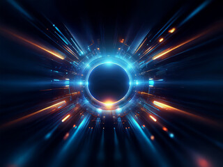 Aufkleber - Abstract digital art depicting a glowing circular portal with vibrant blue and orange light streaks radiating outwards, creating a sense of speed and energy.  The dark background emphasizes the lumine