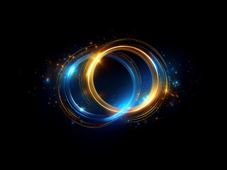 Aufkleber - Two luminous rings, one gold and one blue, intertwine against a black background, creating a vibrant, energetic, and ethereal glow with sparkling particles.